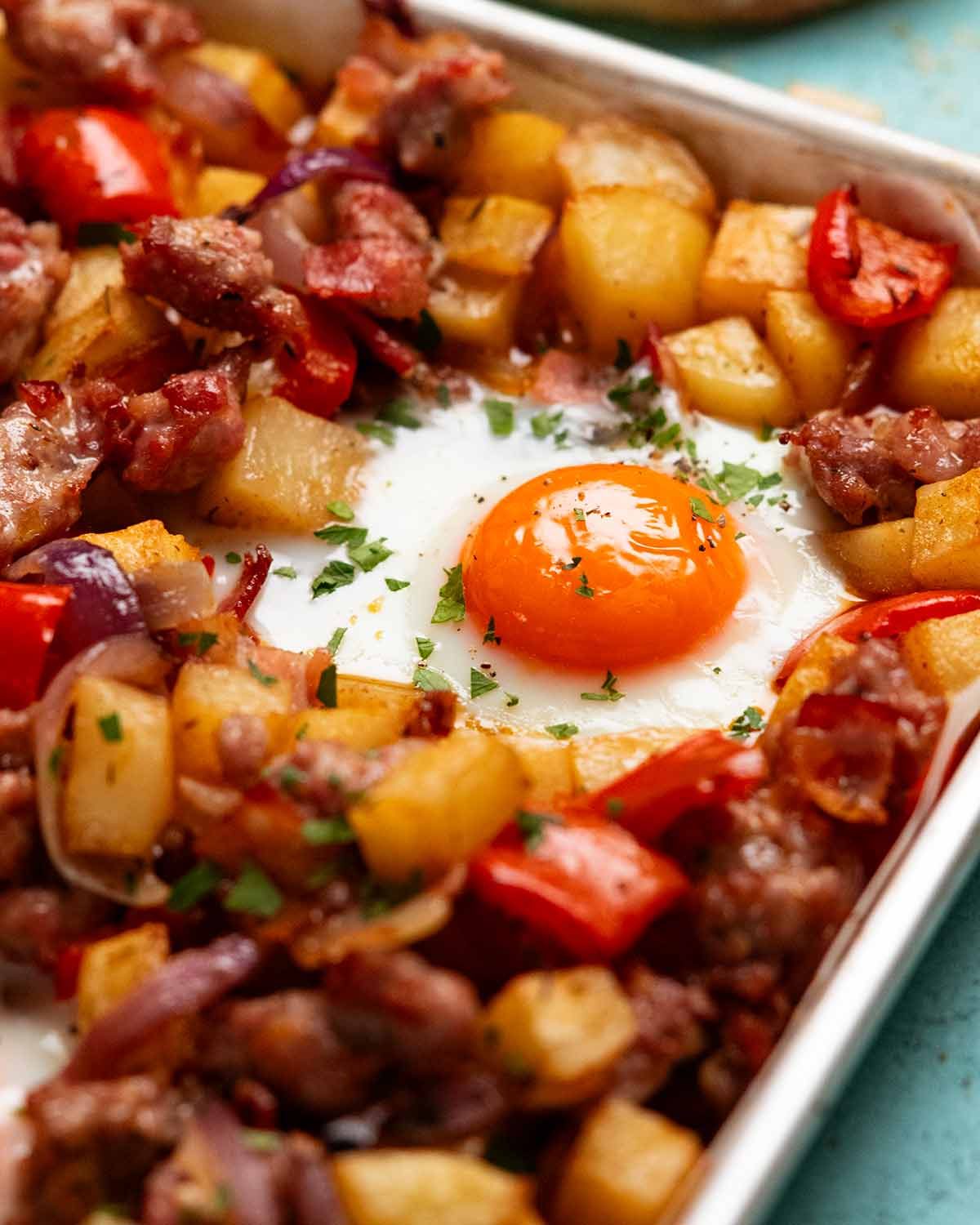 Baked breakfast hash with sausage and potatoes