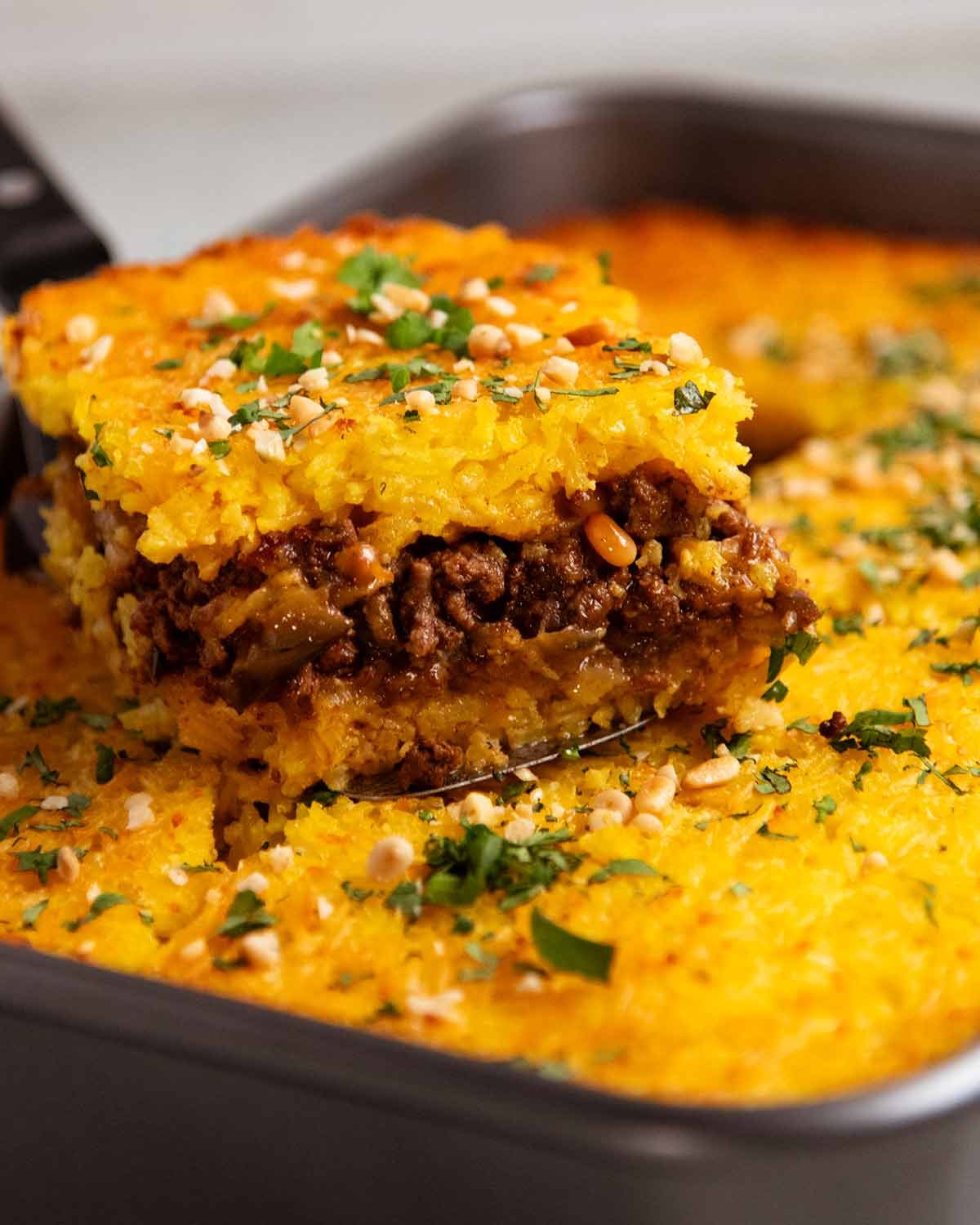 Golden Saffron Rice Bake stuffed with Spiced Meat