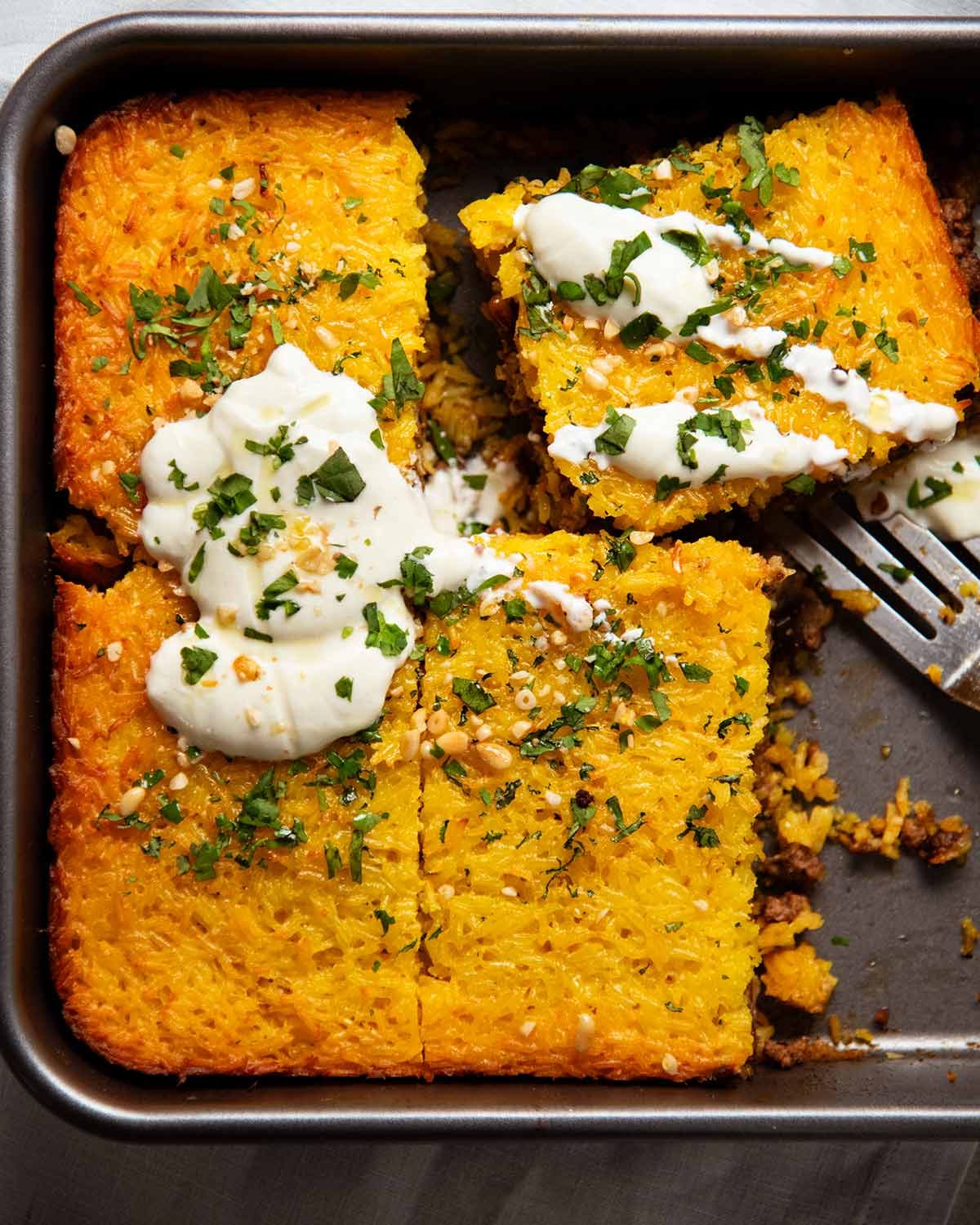 Golden Saffron Rice Bake stuffed with Spiced Meat