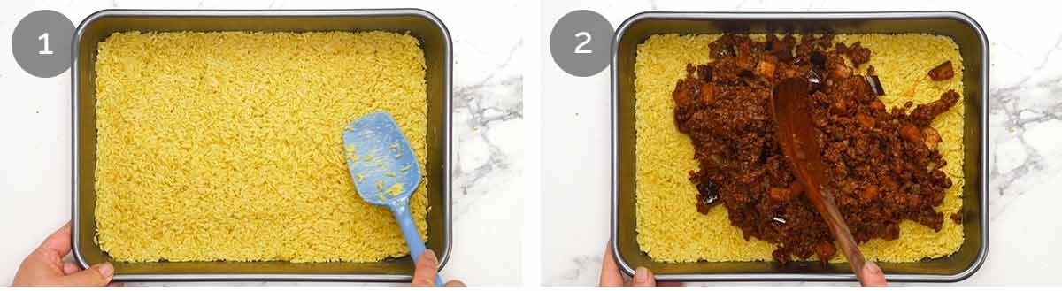 Golden Saffron Rice Bake stuffed with Spiced Meat