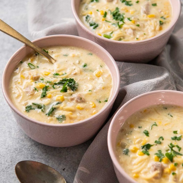 Chicken and sweet corn soup with noodles